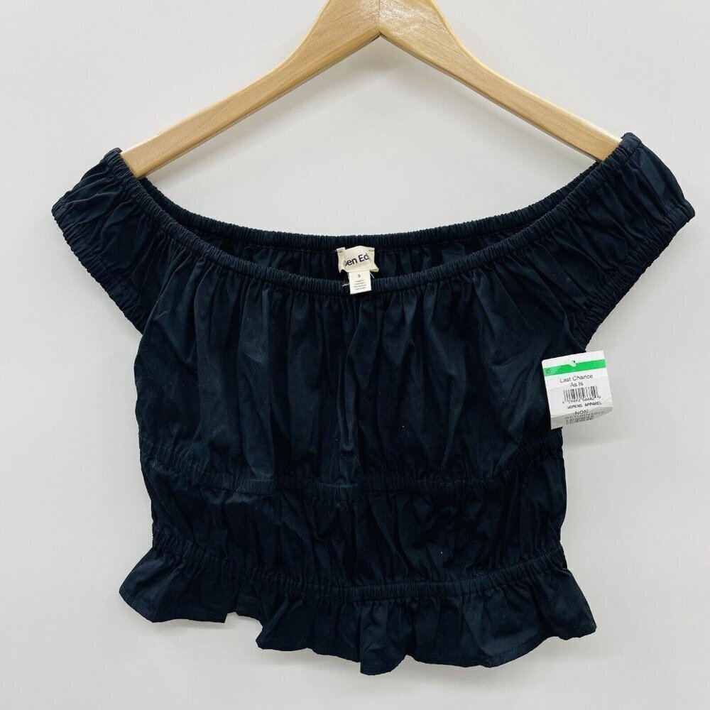 Open Edit Womens Size Small Off the Shoulder Ruched Peasant Top in Black 1074